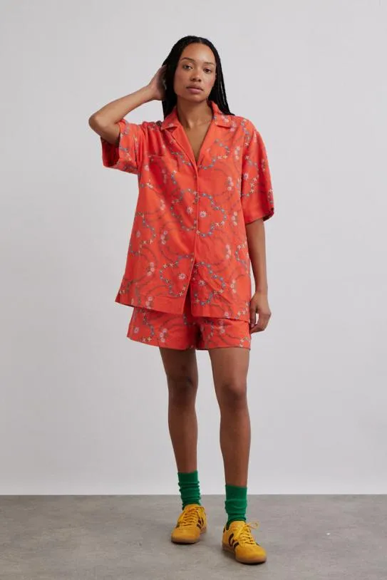 Coords Women Damson Madder Table Cloth Shorts 8211 Red Flower Embroidery