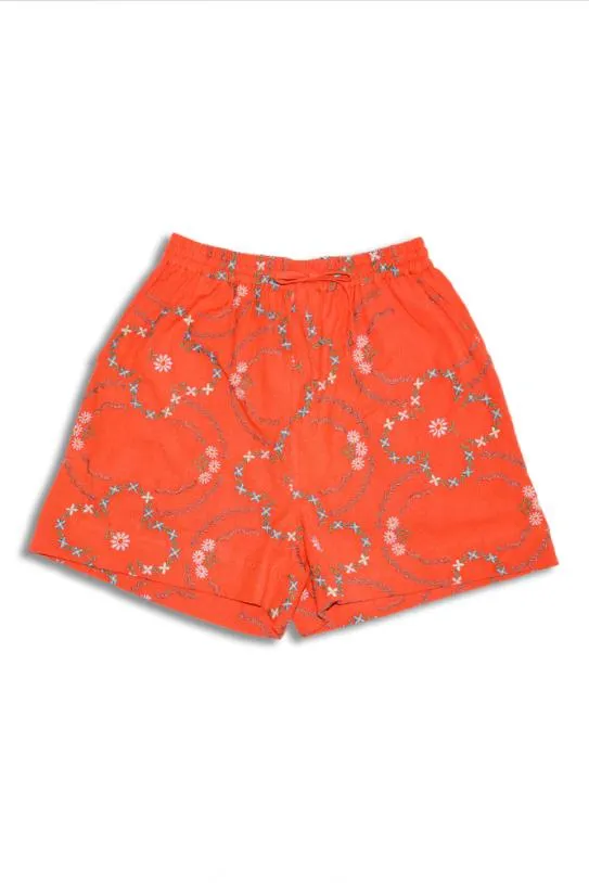 Coords Women Damson Madder Table Cloth Shorts 8211 Red Flower Embroidery