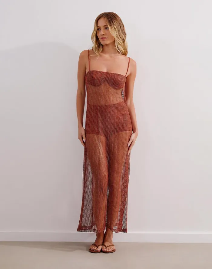 Cover Ups Women ViX Paula Hermanny Mesh Emma Long Cover Up 8211 Brick