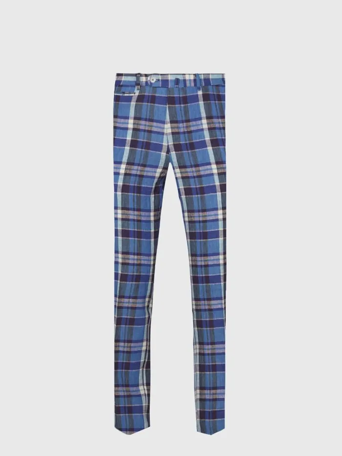 Dress Pants Mens Paul Stuart Linen Plaid Plain Front Dress Trouser Blue