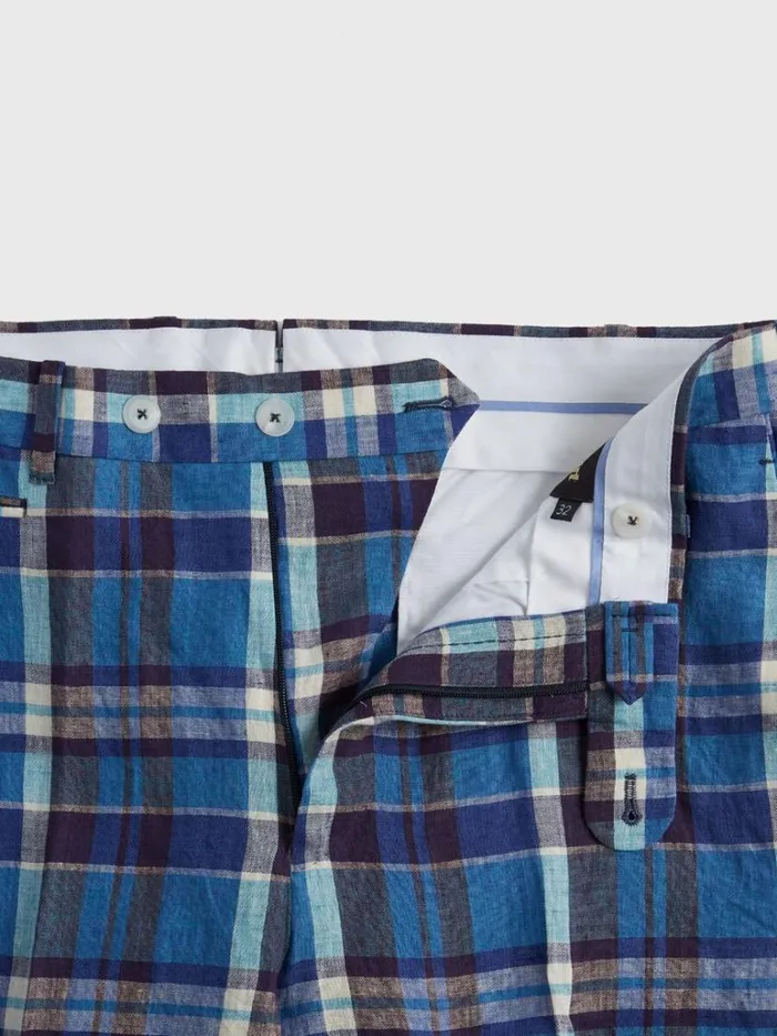 Dress Pants Mens Paul Stuart Linen Plaid Plain Front Dress Trouser Blue