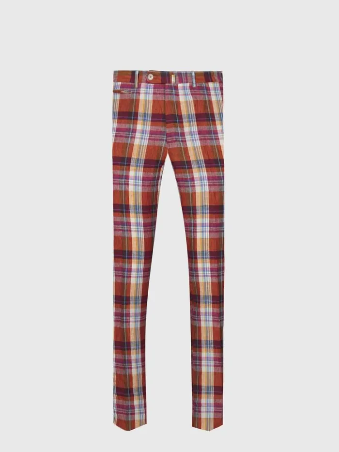 Dress Pants Mens Paul Stuart Linen Plaid Plain Front Dress Trouser Crimson