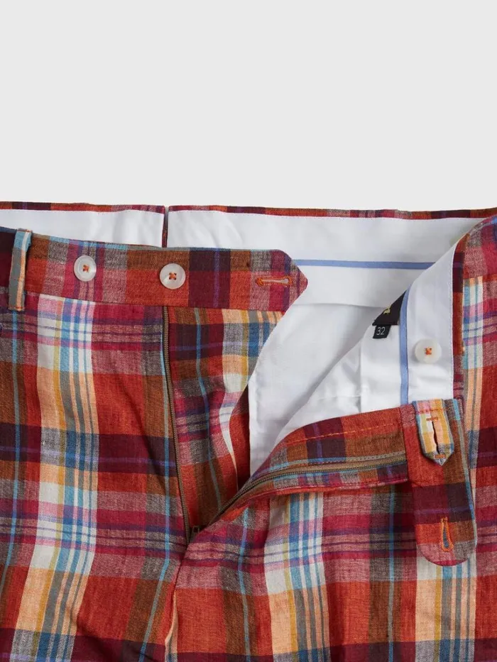 Dress Pants Mens Paul Stuart Linen Plaid Plain Front Dress Trouser Crimson