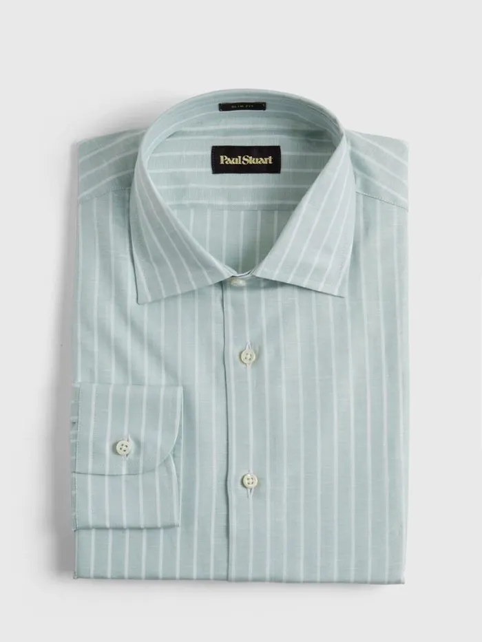 Dress Shirts Mens Paul Stuart Cotton and Linen Striped Dress Shirt Light Blue