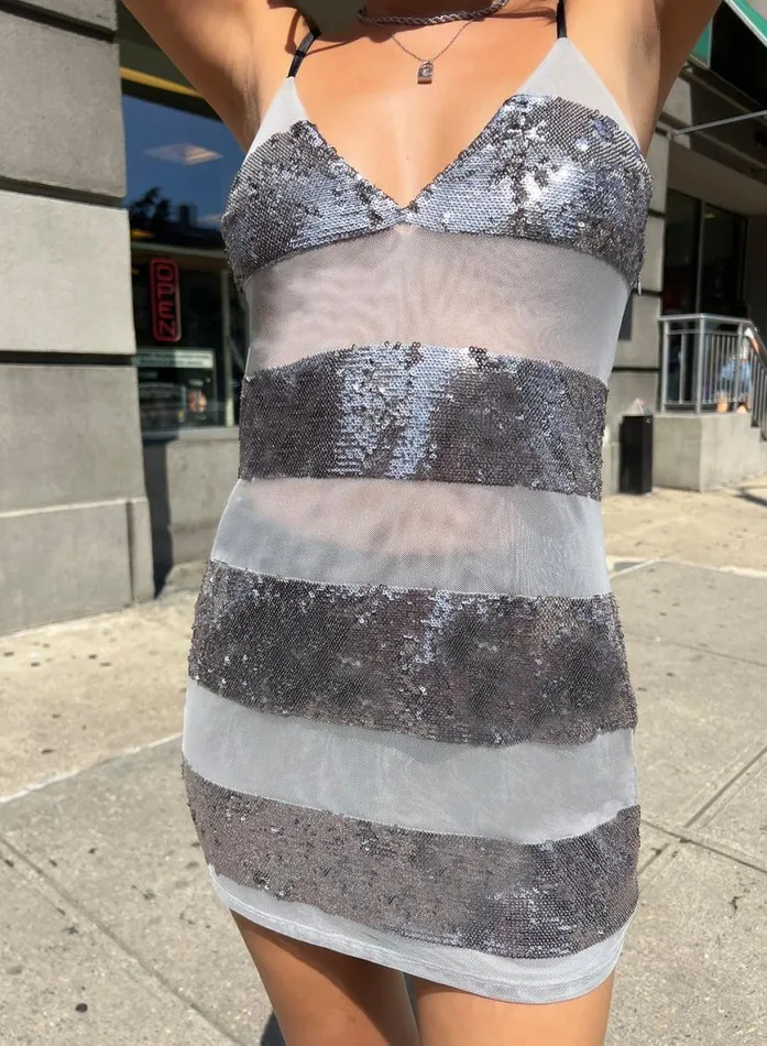 Dresses Clothing Fleur Du Mal Sequin Stripe Mini Slip Platinum Sequin Stripe