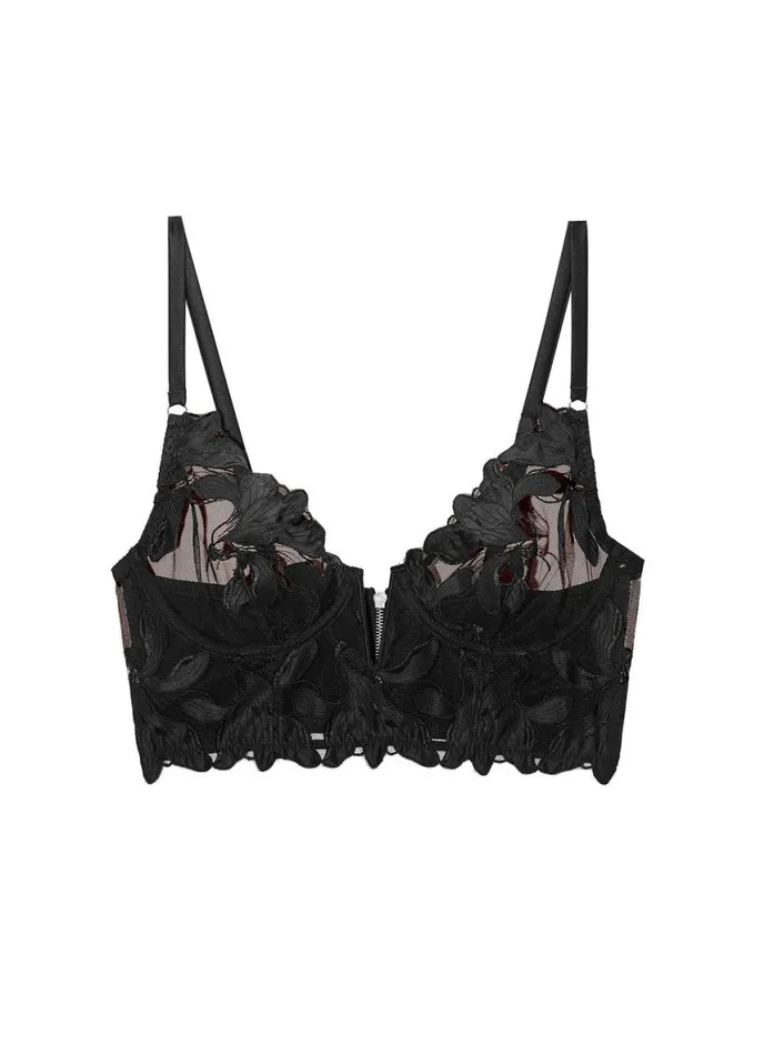 Fuller Cup Bras Lingerie Fleur Du Mal Lily Embroidery Longline Demi Bra Black