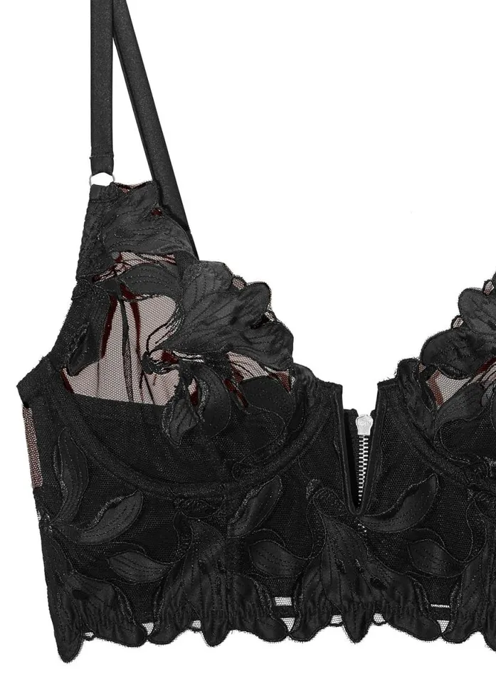 Fuller Cup Bras Lingerie Fleur Du Mal Lily Embroidery Longline Demi Bra Black