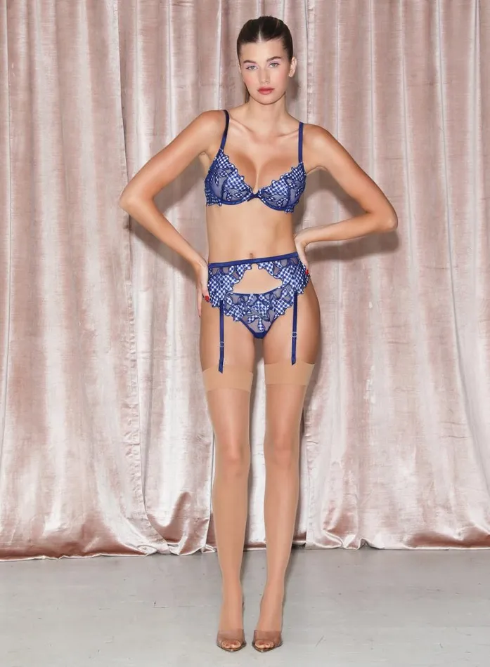 Fuller Cup Bras Lingerie Fleur Du Mal Lily Embroidery Plunge Demi Bra Starry Blue Gingham