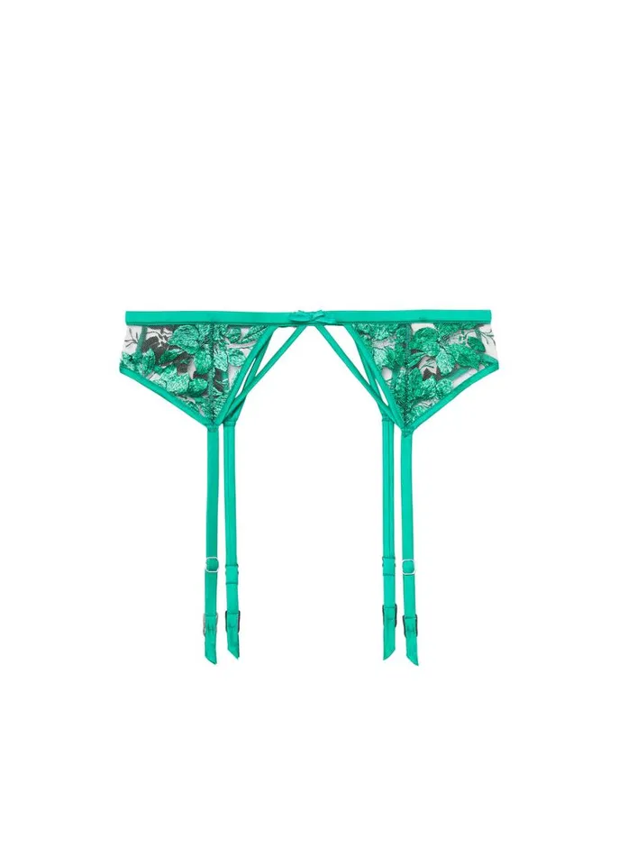 Garters and Belts Lingerie Fleur Du Mal Pressed Floral Embroidery Garter Emerald