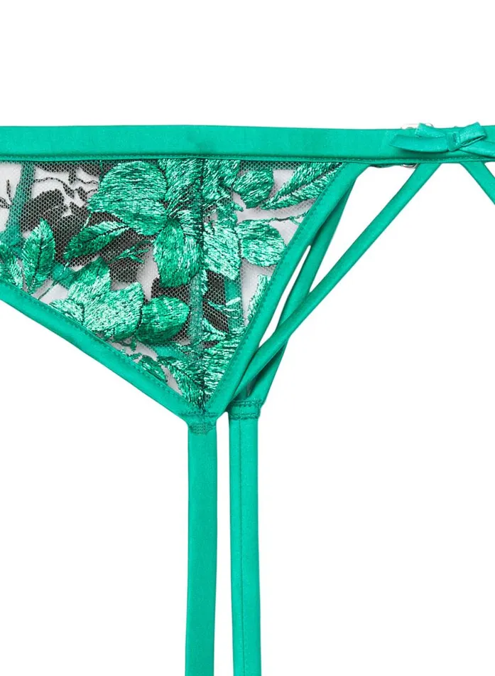 Garters and Belts Lingerie Fleur Du Mal Pressed Floral Embroidery Garter Emerald