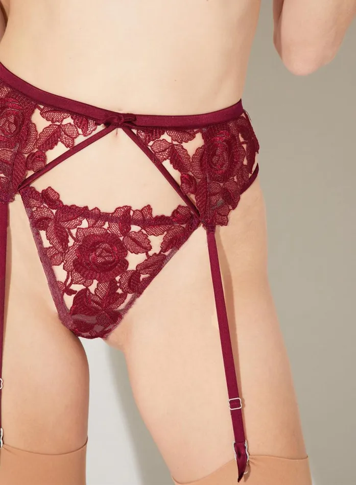 Garters and Belts Lingerie Fleur Du Mal Rose Embroidery Garter Mulberry