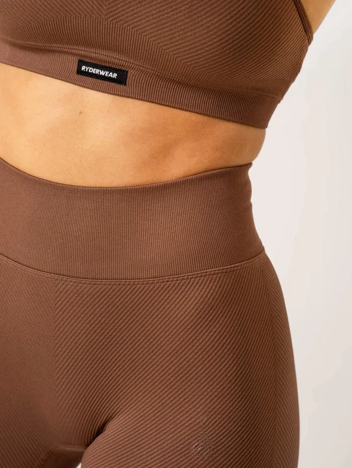 Gym Shorts Womens Ryderwear Circuit Rib Seamless High Waisted Shorts Chocolate