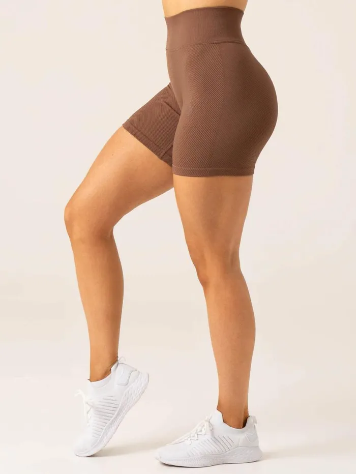 Gym Shorts Womens Ryderwear Circuit Rib Seamless High Waisted Shorts Chocolate