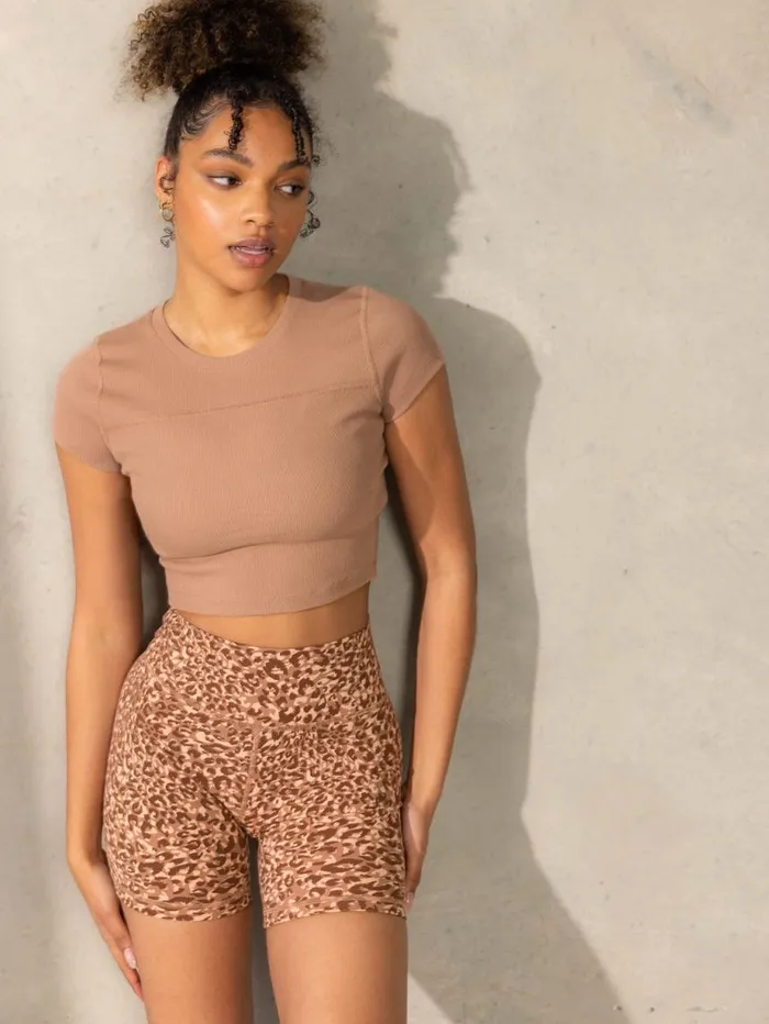 Gym Shorts Womens Ryderwear Empower High Waisted Shorts Mocha Leopard