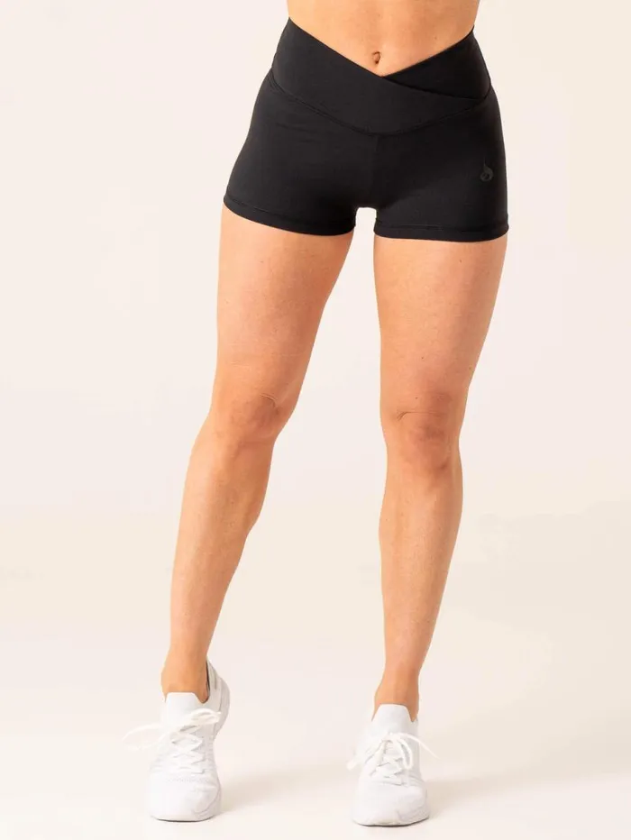 Gym Shorts Womens Ryderwear Momentum Cross Over Scrunch Booty Shorts Black