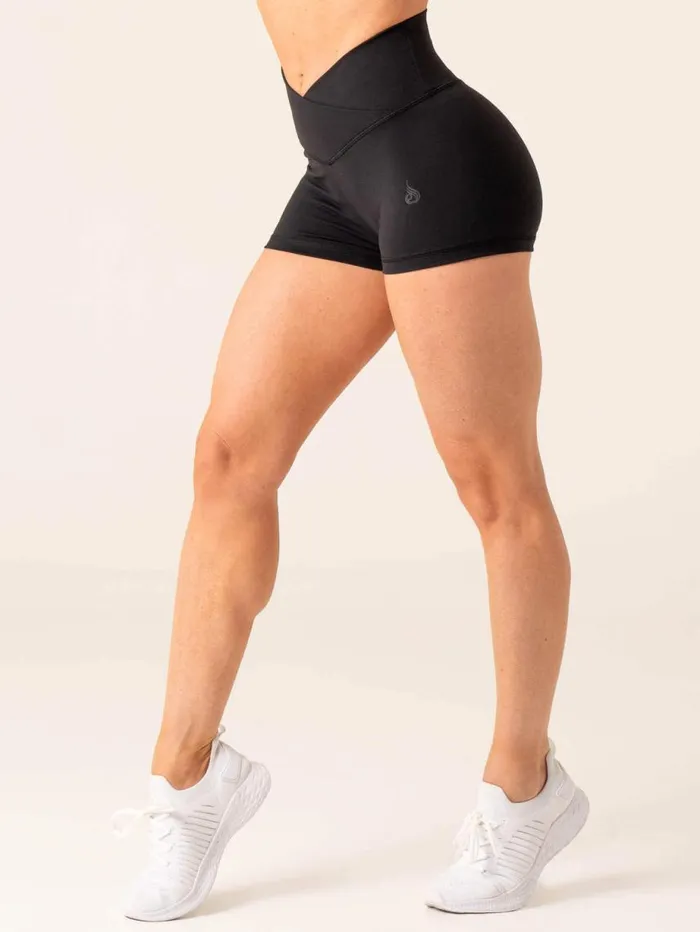 Gym Shorts Womens Ryderwear Momentum Cross Over Scrunch Booty Shorts Black