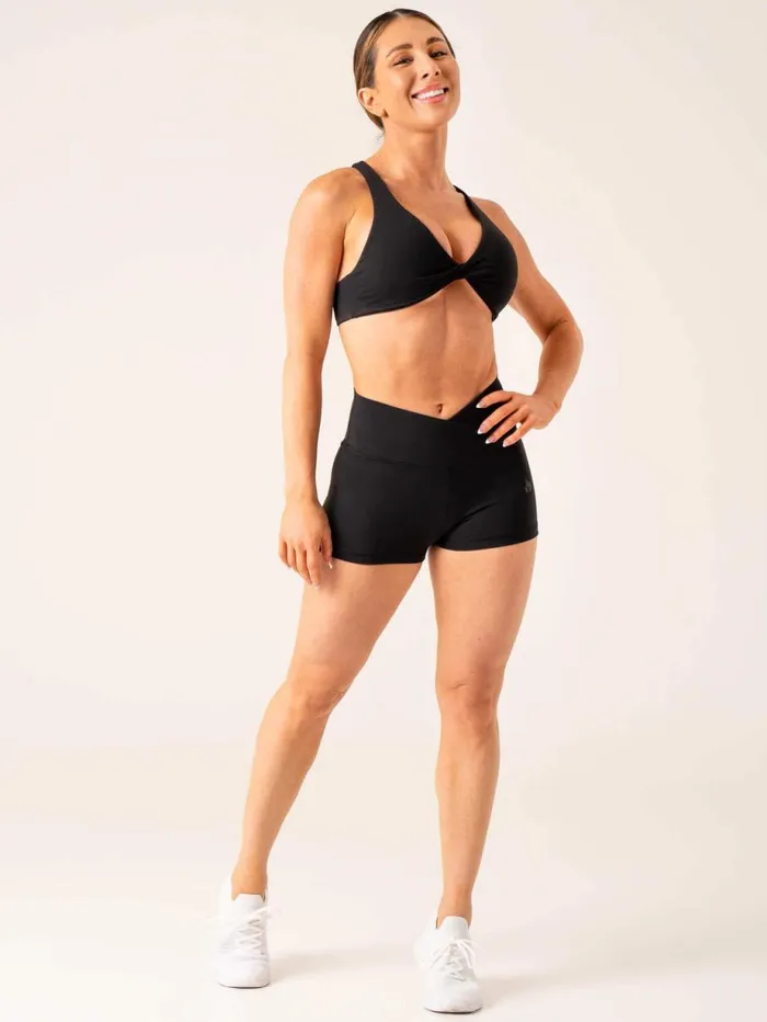 Gym Shorts Womens Ryderwear Momentum Cross Over Scrunch Booty Shorts Black