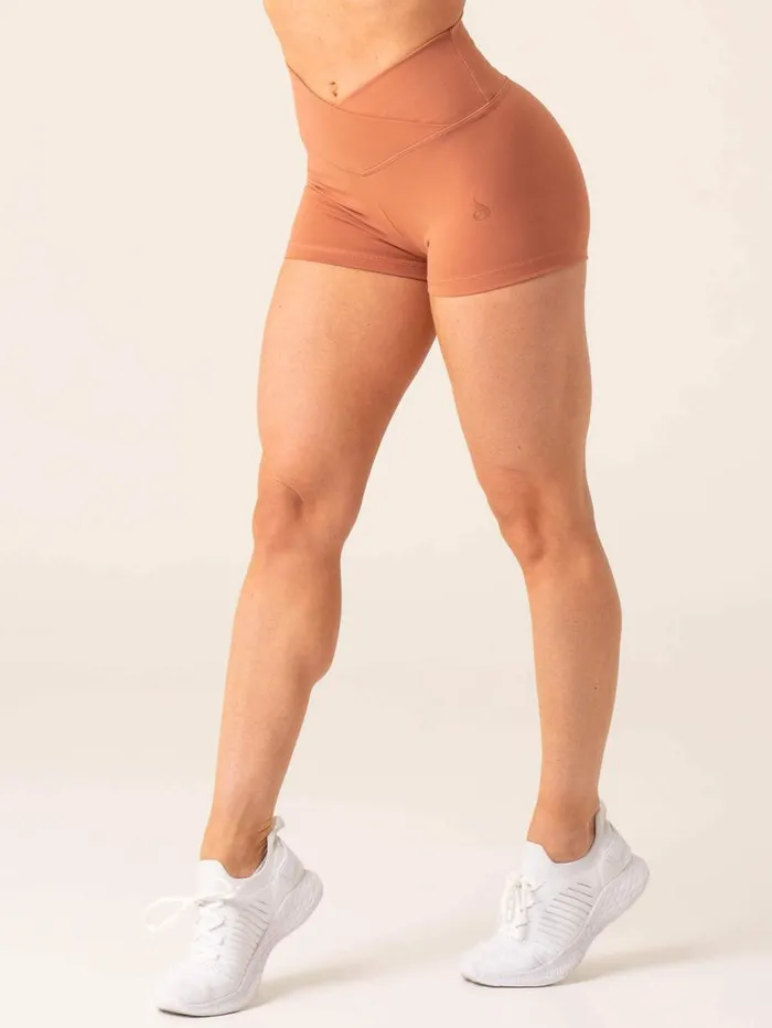 Gym Shorts Womens Ryderwear Momentum Cross Over Scrunch Booty Shorts Clay