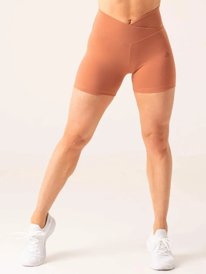 Gym Shorts Womens Ryderwear Momentum Cross Over Scrunch Shorts Clay