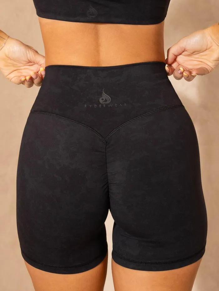 Gym Shorts Womens Ryderwear NKD Stonewash Crossover Scrunch Shorts Black Stonewash