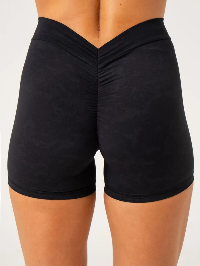 Gym Shorts Womens Ryderwear NKD Stonewash V Scrunch Shorts Black Stonewash