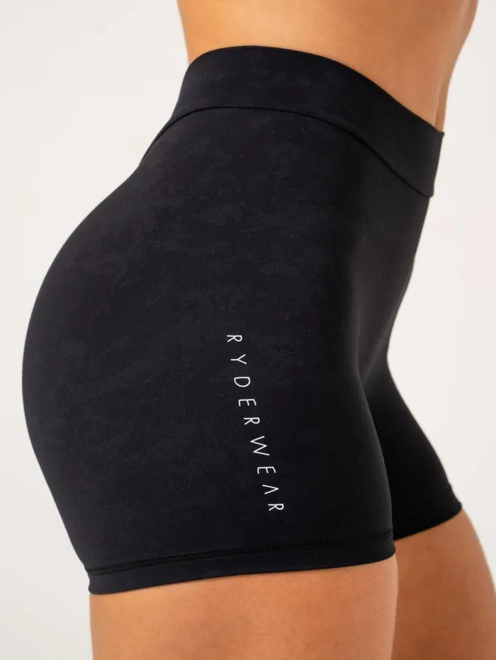 Gym Shorts Womens Ryderwear NKD Stonewash V Scrunch Shorts Black Stonewash