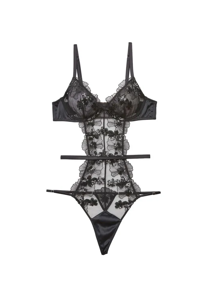 Lingerie PleasureLingerieClothing Fleur Du Mal Sequin Violet Embroidery Bodysuit Black