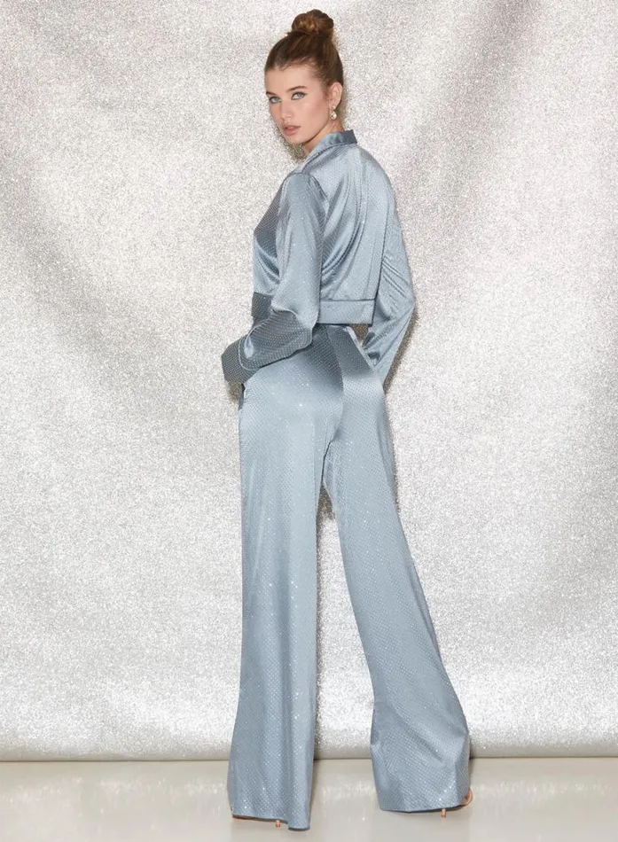 Long Sleeve Clothing Fleur Du Mal Rhinestone Cropped Top Steel Blue