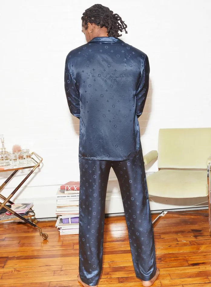 Long Sleeve LingerieClothing Fleur Du Mal Men039s Silk Jacquard PJ Top Deep Slate
