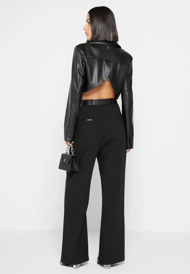 Manire De Voir Blazers and Waistcoats Manire De Voir Woman Cropped Vegan Leather Blazer With Open Back 8211 Black Manire De Voir Blazers and Waistcoats Manire De Voir Woman Cropped Vegan Leather Blazer With Open Back 8211 Black