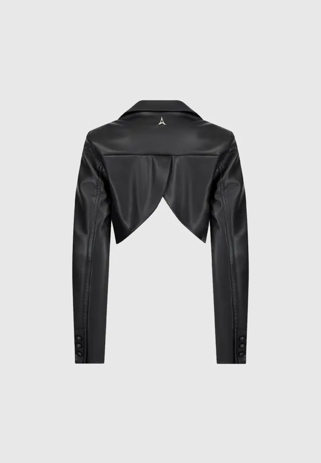 Manire De Voir Blazers and Waistcoats Manire De Voir Woman Cropped Vegan Leather Blazer With Open Back 8211 Black