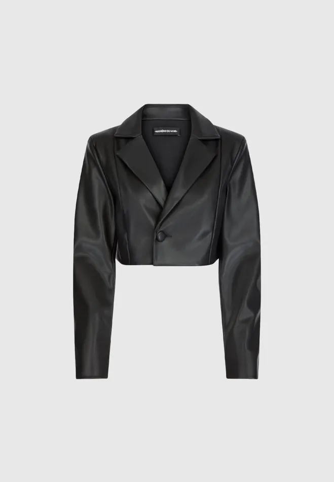 Manire De Voir Blazers and Waistcoats Manire De Voir Woman Cropped Vegan Leather Blazer With Open Back 8211 Black
