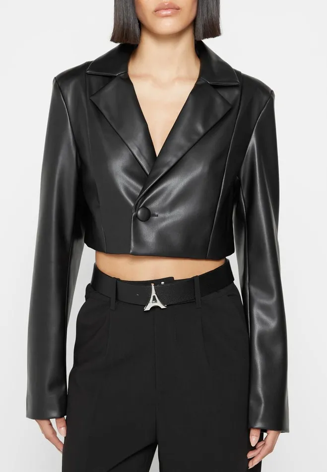 Manire De Voir Blazers and Waistcoats Manire De Voir Woman Cropped Vegan Leather Blazer With Open Back 8211 Black