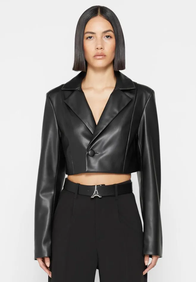 Manire De Voir Blazers and Waistcoats Manire De Voir Woman Cropped Vegan Leather Blazer With Open Back 8211 Black