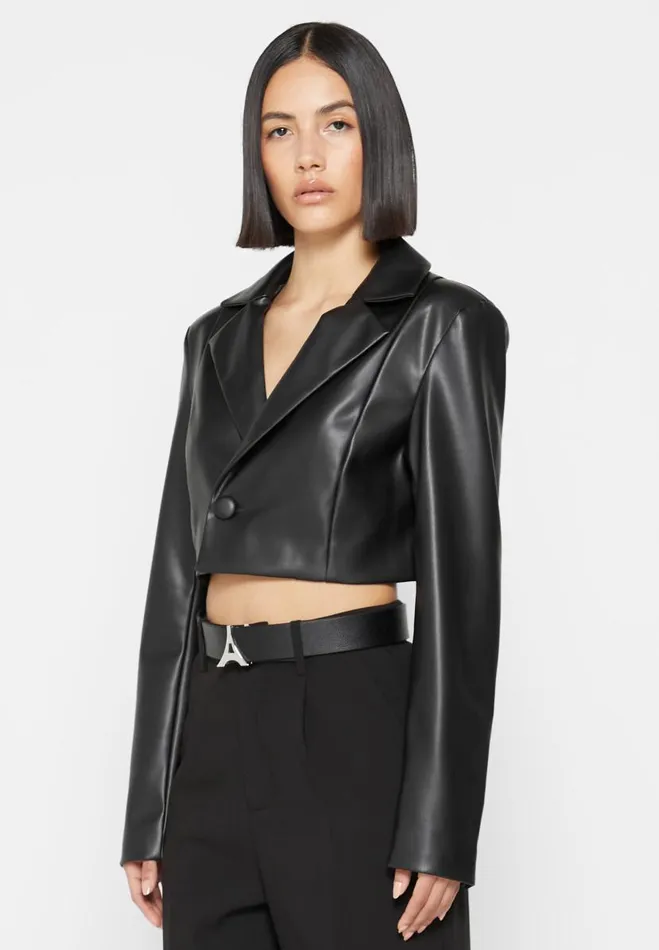 Manire De Voir Blazers and Waistcoats Manire De Voir Woman Cropped Vegan Leather Blazer With Open Back 8211 Black