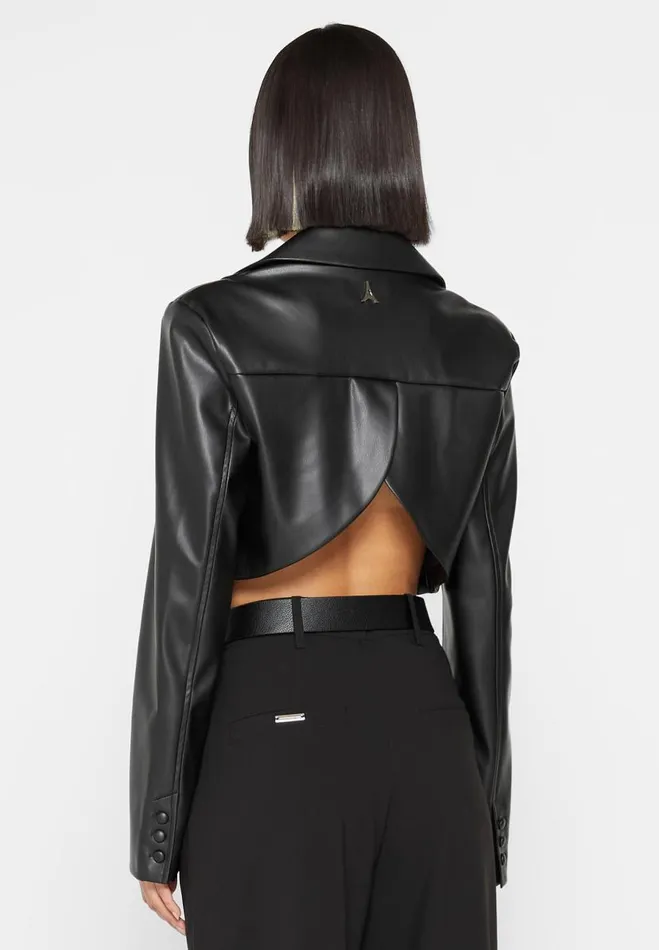 Manire De Voir Blazers and Waistcoats Manire De Voir Woman Cropped Vegan Leather Blazer With Open Back 8211 Black