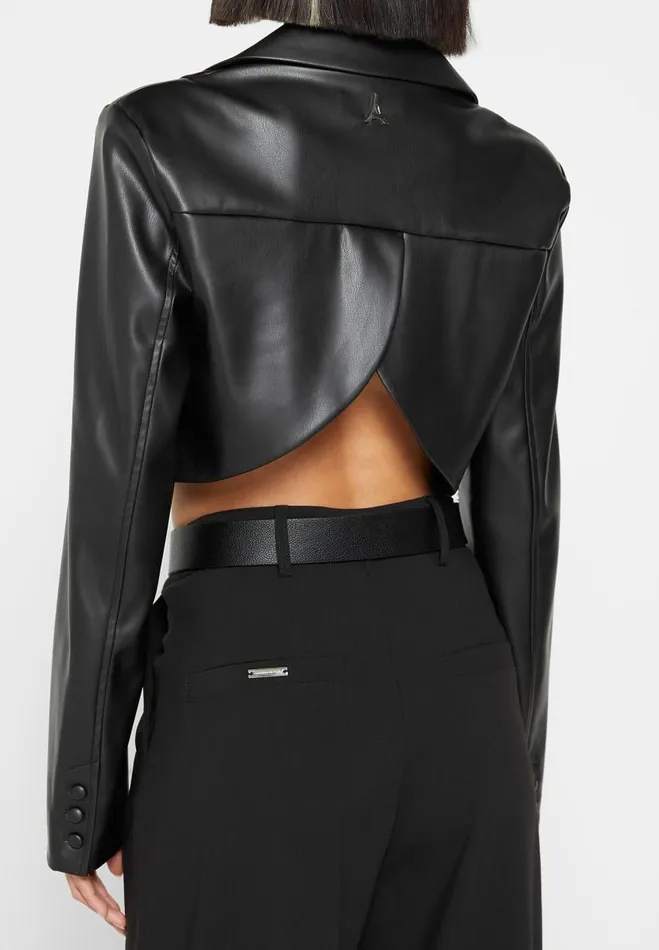 Manire De Voir Blazers and Waistcoats Manire De Voir Woman Cropped Vegan Leather Blazer With Open Back 8211 Black