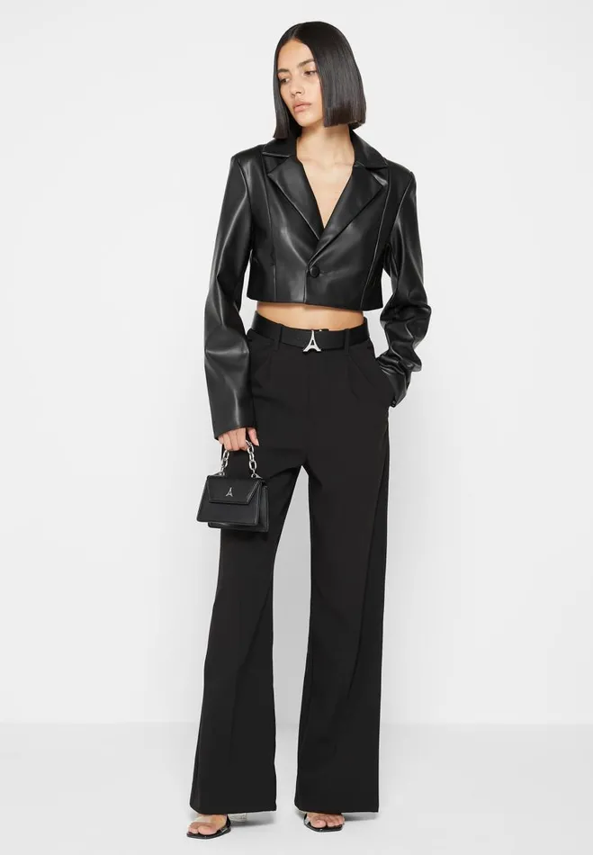 Manire De Voir Blazers and Waistcoats Manire De Voir Woman Cropped Vegan Leather Blazer With Open Back 8211 Black