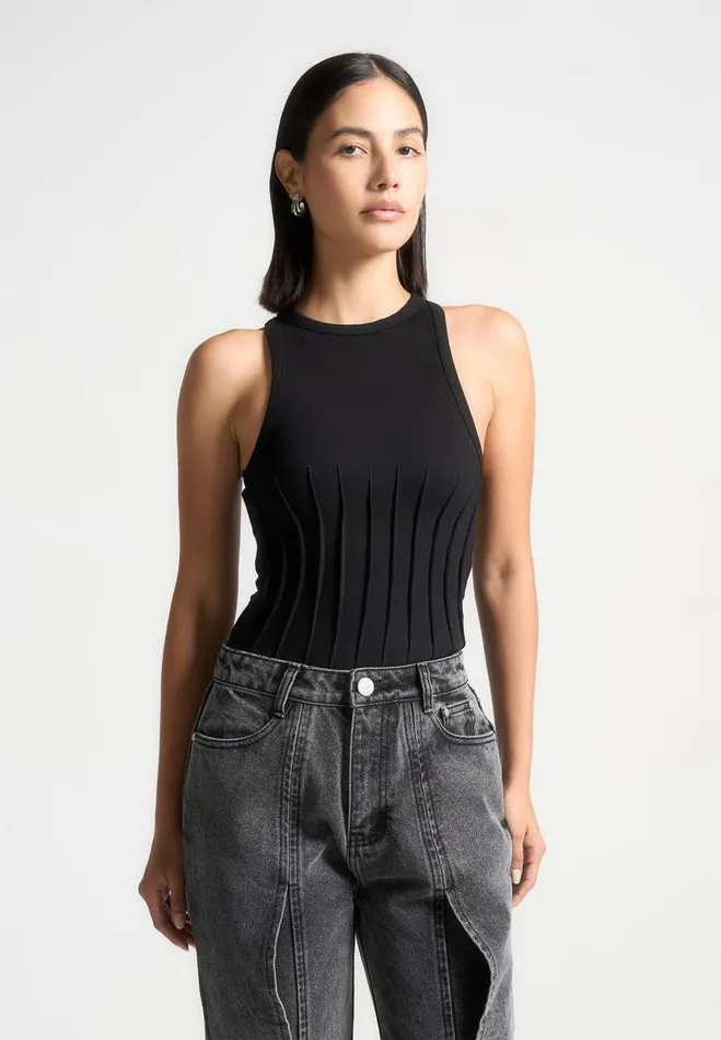 Manire De Voir Bodysuits Manire De Voir Woman Contour Pleated Racer Bodysuit 8211 Black Manire De Voir Bodysuits Manire De Voir Woman Contour Pleated Racer Bodysuit 8211 Black