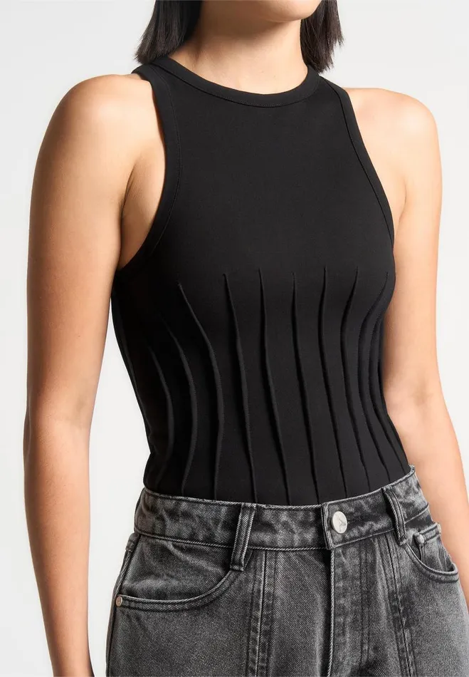 Manire De Voir Bodysuits Manire De Voir Woman Contour Pleated Racer Bodysuit 8211 Black