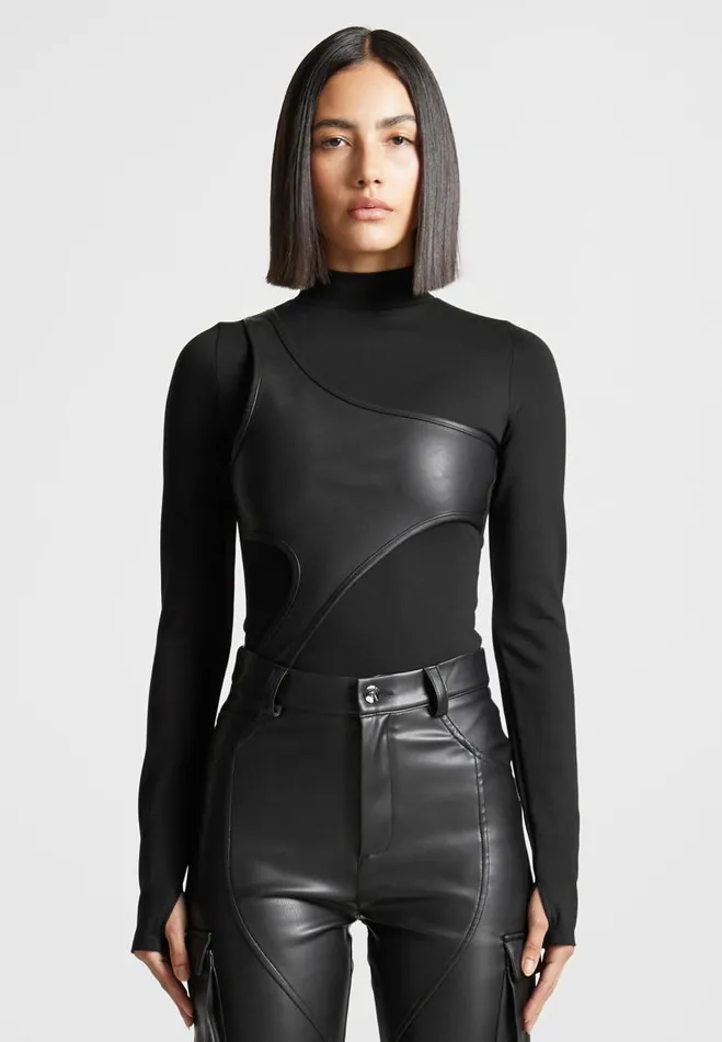 Manire De Voir Bodysuits Manire De Voir Woman Leather Overlay High Neck Bodysuit 8211 Black Manire De Voir Bodysuits Manire De Voir Woman Leather Overlay High Neck Bodysuit 8211 Black