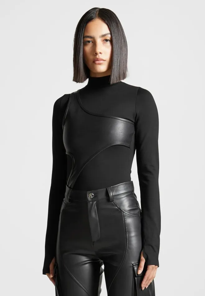 Manire De Voir Bodysuits Manire De Voir Woman Leather Overlay High Neck Bodysuit 8211 Black