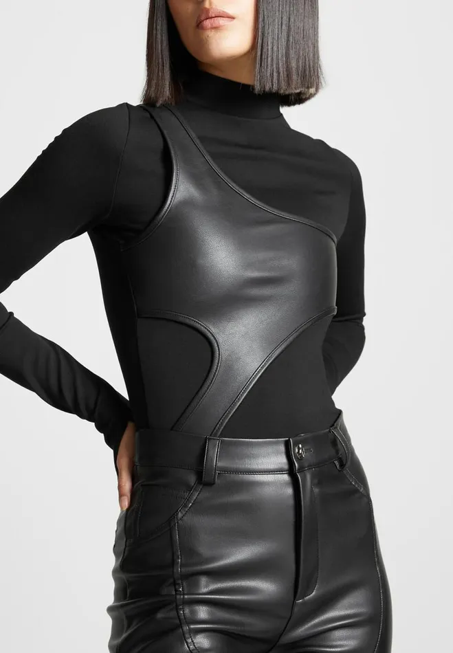 Manire De Voir Bodysuits Manire De Voir Woman Leather Overlay High Neck Bodysuit 8211 Black