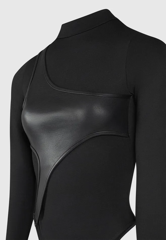 Manire De Voir Bodysuits Manire De Voir Woman Leather Overlay High Neck Bodysuit 8211 Black