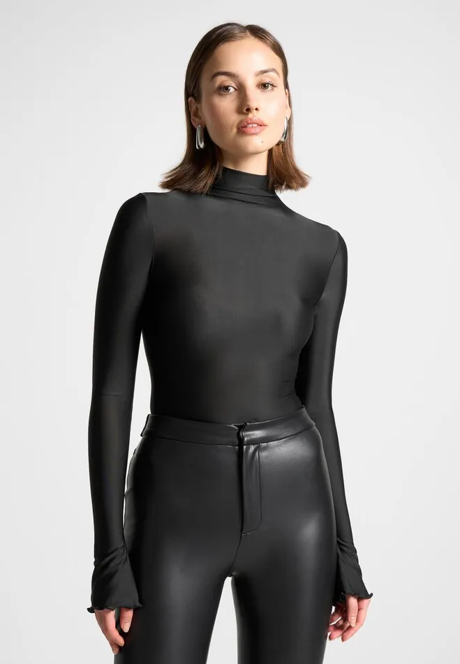 Manire De Voir Bodysuits Manire De Voir Woman Ruffle Cuff Mock Neck Bodysuit 8211 Black Manire De Voir Bodysuits Manire De Voir Woman Ruffle Cuff Mock Neck Bodysuit 8211 Black