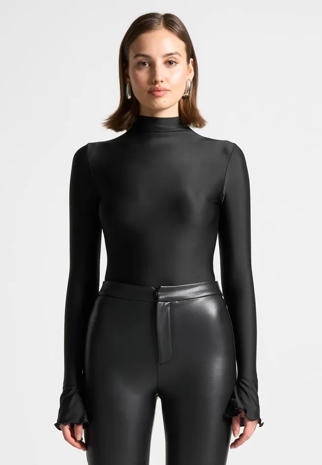 Manire De Voir Bodysuits Manire De Voir Woman Ruffle Cuff Mock Neck Bodysuit 8211 Black