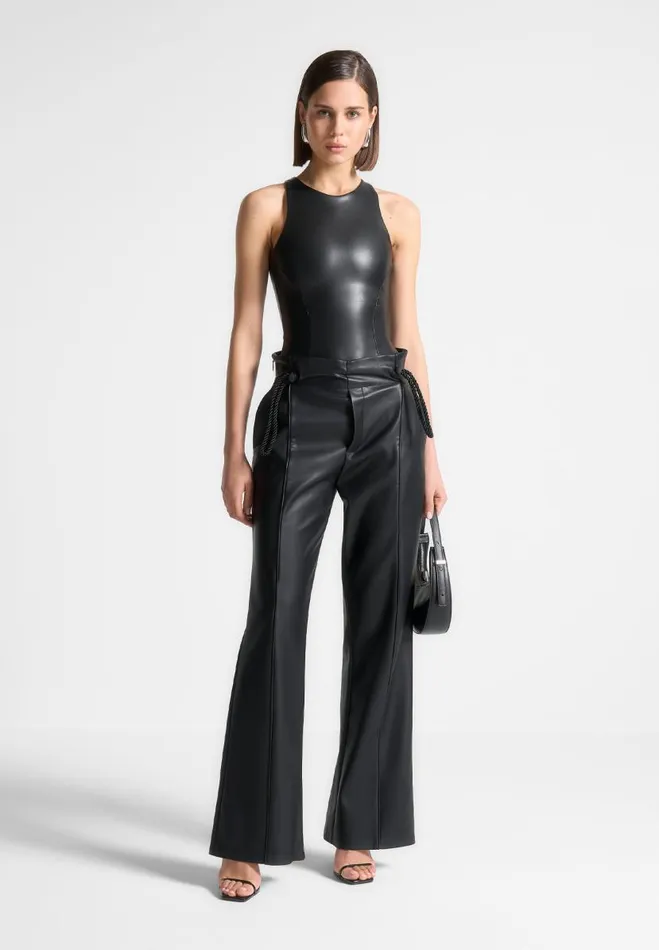 Manire De Voir Bodysuits Manire De Voir Woman ternelle Vegan Leather Racer Neck Bodysuit 8211 Black