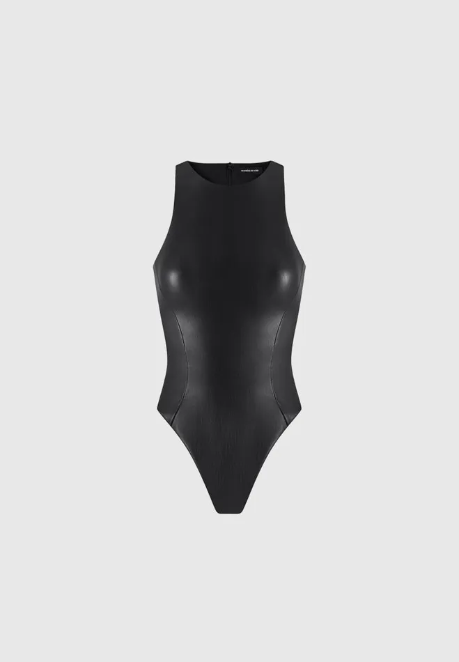 Manire De Voir Bodysuits Manire De Voir Woman ternelle Vegan Leather Racer Neck Bodysuit 8211 Black