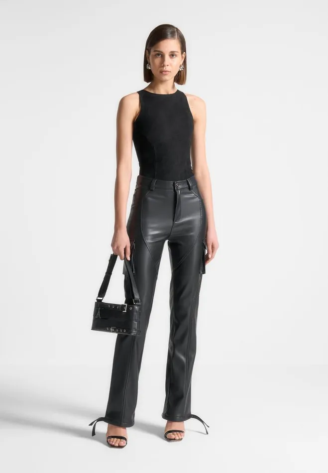 Manire De Voir Bodysuits Manire De Voir Woman ternelle Vegan Suede Racer Neck Bodysuit 8211 Black
