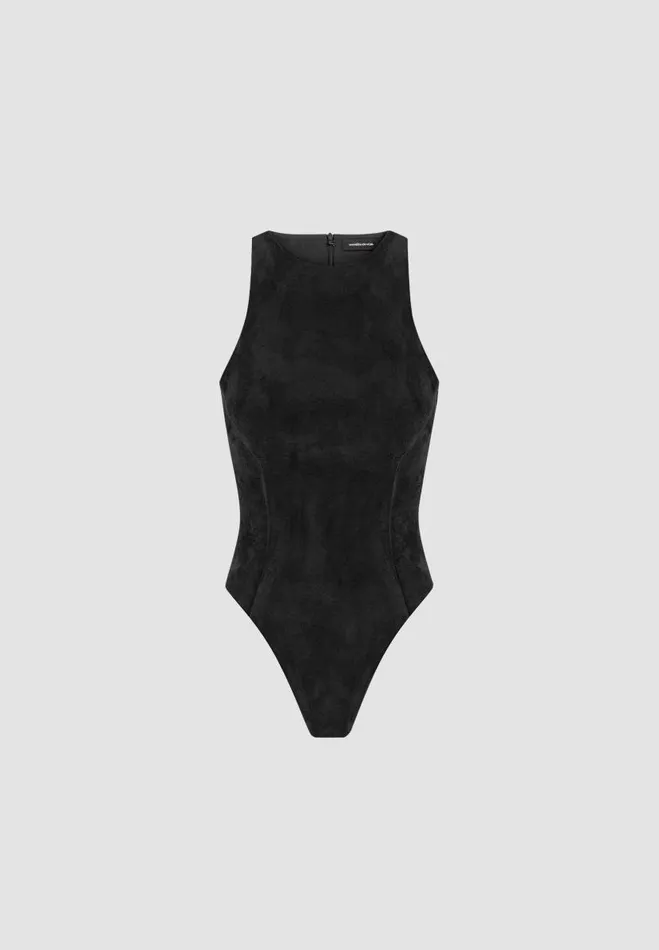 Manire De Voir Bodysuits Manire De Voir Woman ternelle Vegan Suede Racer Neck Bodysuit 8211 Black